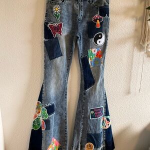 Current Mood Patchwork Flare Jeans - Blue and Multicolor